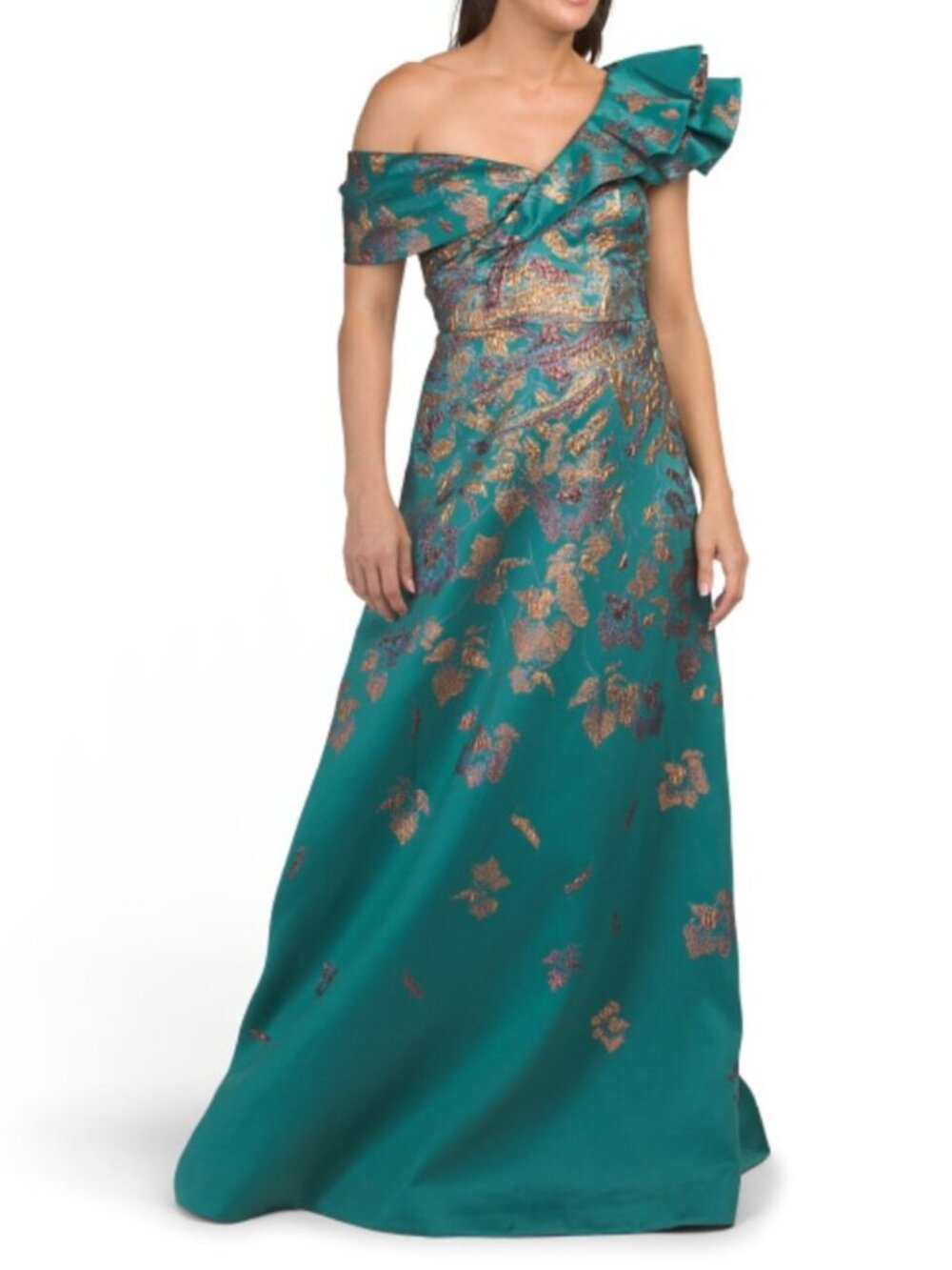 TERI JON Metallic Jacquard Asymmetrical Ruffle Shoulder Gown